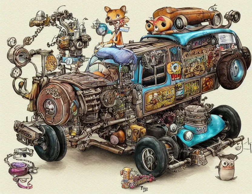 Image similar to cute and funny, a steampunk car with a cabin on top, ratfink style by ed roth, centered award winning watercolor pen illustration, isometric illustration by chihiro iwasaki, edited by range murata, tiny details by artgerm and watercolor girl, sharply focused