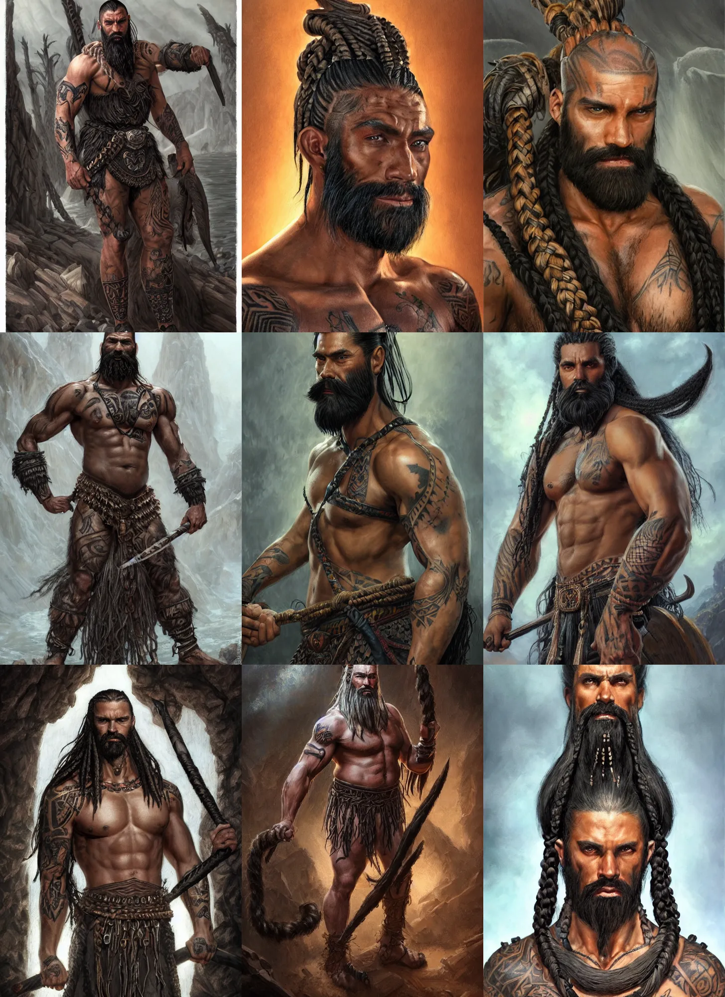 Prompt: a tall muscular man with a full black beard, gray skin, barbarian, short hair on sides of head, long braided hair on top of head, tribal tattoos on head and chest and back, style by donato giancola, wayne reynolds, jeff easley dramatic light, high detail, cinematic lighting, artstation, dungeons and dragons