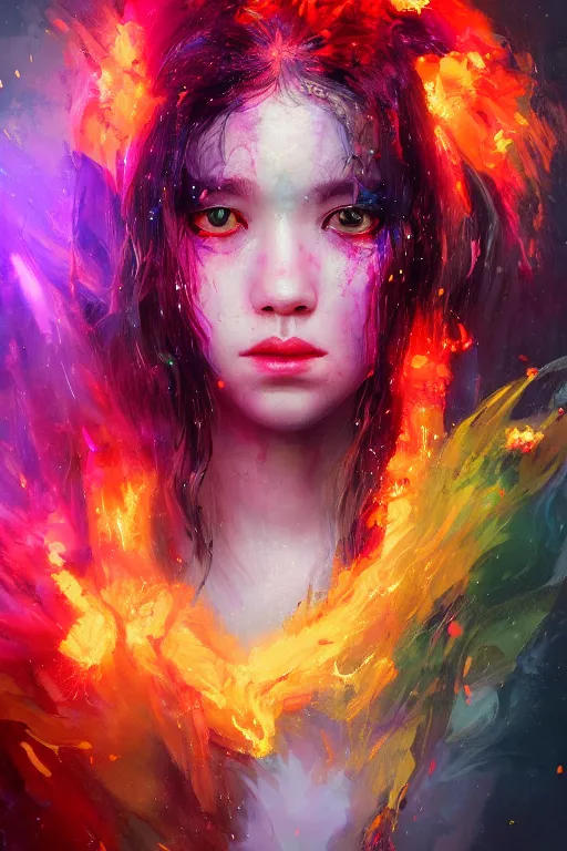 Image similar to a fancy portrait of a young Demon girl covered in deep and colourful flames by Greg Rutkowski, Sung Choi, Mitchell Mohrhauser, Maciej Kuciara, Johnson Ting, Maxim Verehin, Peter Konig, Bloodborne , 8k photorealistic, cinematic lighting, HD, high details, atmospheric , trending on artstation