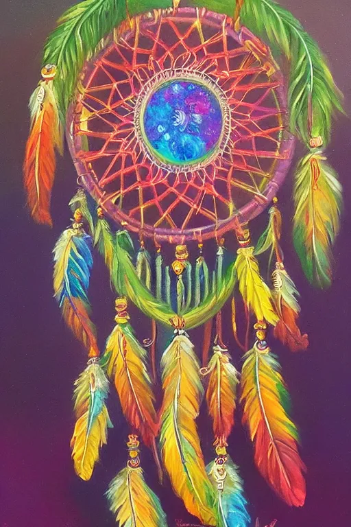 Prompt: beautiful oil painting of a Dream Catcher by Lisa Frank, thomas kinkade, trending on artstation