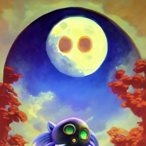 Image similar to zelda majora's mask moon in the sky, oil painting, beautiful, disney, pixar, artgerm