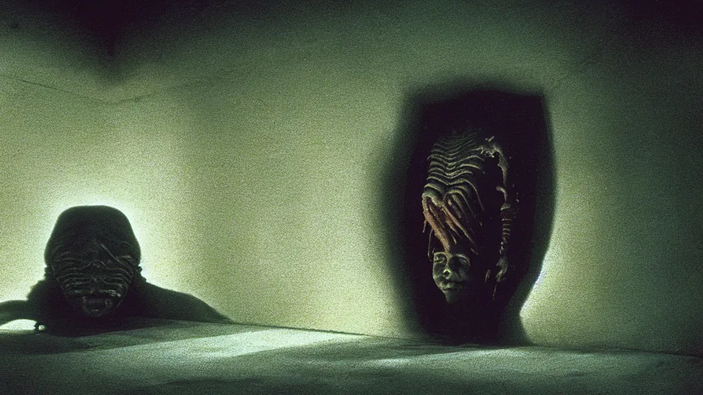 Image similar to the strange creature in the crawlspace, film still from the movie directed by denis villeneuve and david cronenberg with art direction by salvador dali and zdzisław beksinski, wide lens