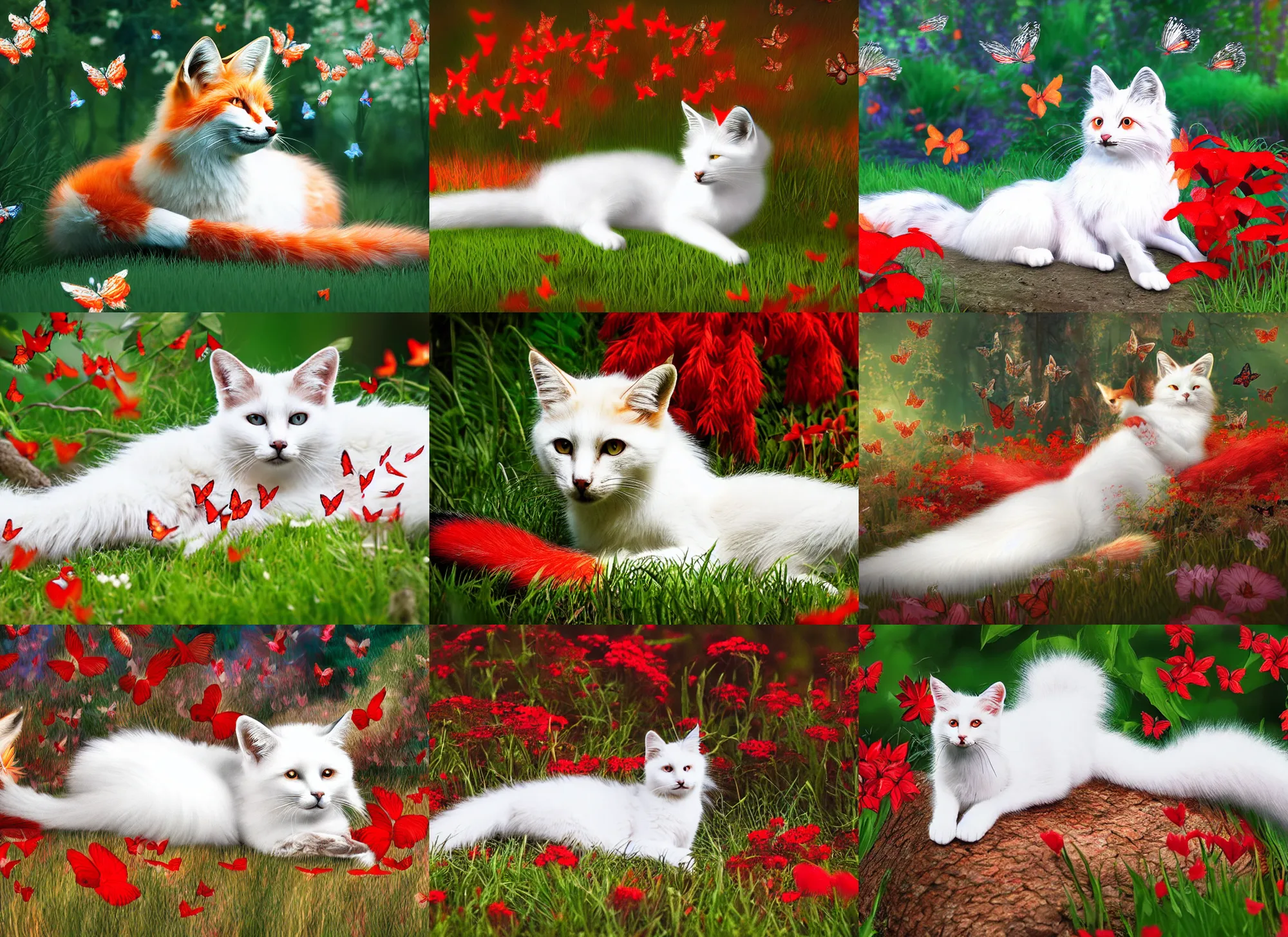 Prompt: white cat with fluffy red tail like fox tail lying with butterflies at sunny forest, high detailed, hyper realistic, photorealistic, ray tracing, leica 8 5 mm