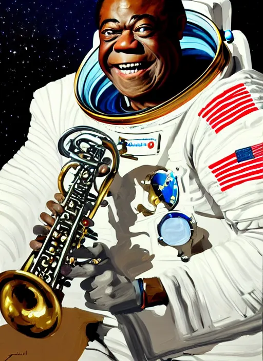 Image similar to a portrait of louis armstrong wearing a space suit on the moon, trumpet, by greg manchess and john singer sargent and jonathan yeo, dramatic lighting, highly detailed digital painting