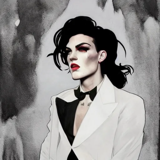 Image similar to stunning portrait of androgynous ruby rose as desire from sandman in a white tuxedo!!!, rockabilly style, by frank moth, by alphonse mucha, by jeremy mann, by peter lindbergh, dave mckean, white suit and black tie, soft lightning, high detailed, 8 k