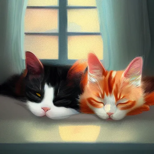 Image similar to two cute calico cats sleeping inside a cozy home in the evening, two multi - colored calico cats, artstation, cgsociety, storybook art