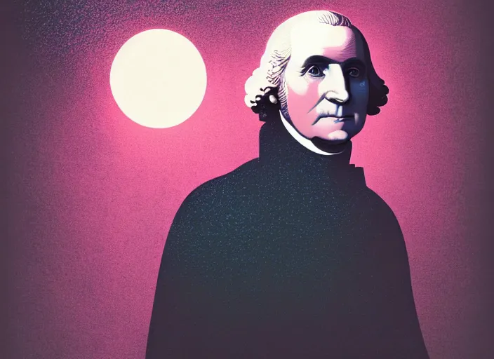 Prompt: portrait of george washington, colorful, mads berg, karolis strautniekas, christopher balaskas, stippled light, low fog, moody, fine texture, editorial illustration, dramatic lighting, dynamic composition, detailed, matte print, muted color, ( ( victo ngai ) ), wide angle ( ( sunbeams ) )