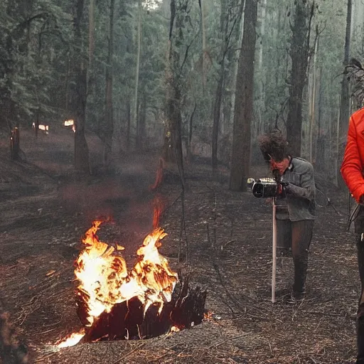 Prompt: a photo of jovanotti burn a forest with flamethrower