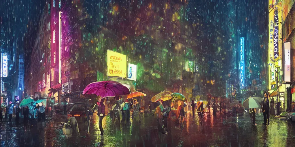 Image similar to a ultra photorealistic and sharp film still trough a raincovered window on a rainy but colourful day in new york. sparkling lights, people with umbrellas standing in the street, wide shot, frog perspective, wes anderson, studio ghibli, pixar and disney animation, octane render, anime key art by greg rutkowski, dramatic lighting, award winning photography