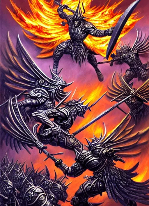 Image similar to dynamic bibilical depiction battle scene of aggressive winged silver warriors with fire crowns, d & d, muscular! crossfit, fitness, tight wrinkled cloath, vivid color scheme, atmospheric perspective, fantasy, intricate, elegant, highly detailed, digital painting, smooth, sharp focus, art by ed emshwiller and jesper ejsing