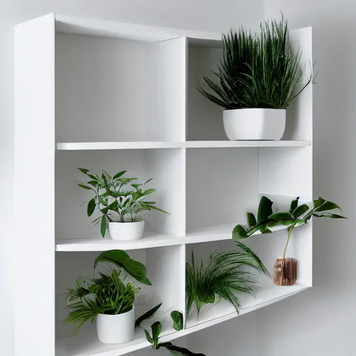 Image similar to white zen clean modern minimalist bookshelf with cute plants