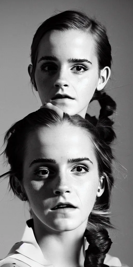 Image similar to Emma Watson closeup face shoulders pigtail hair Vogue fashion shoot by Peter Lindbergh fashion poses detailed professional studio lighting dramatic shadows professional photograph by Cecil Beaton, Lee Miller, Irving Penn, David Bailey, Corinne Day, Patrick Demarchelier, Nick Knight, Herb Ritts, Mario Testino, Tim Walker, Bruce Weber, Edward Steichen, Albert Watson