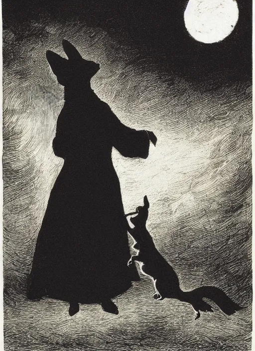 Image similar to silhouette howling at the moon, illustrated by peggy fortnum and beatrix potter and sir john tenniel