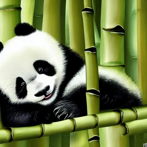 Image similar to A baby panda sleeping in a bamboo forest, highly detailed body ,it is raining, night time , peaceful atmosphere, moody lighting , digital art , highly detailed , high contrast, beautiful lighting, award winning , trending on art station, photorealistic, 8k