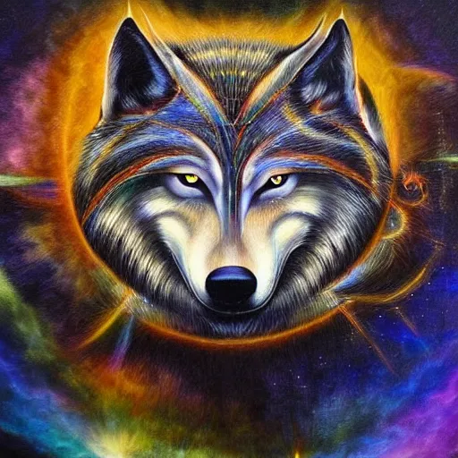 Image similar to enlightened spirit wolf teacher by MICHAEL DIVINE and by AMANDA SAGE in the style of oil painting visionary art, trending on artstation, very coherent symmetrical artwork, oil painting