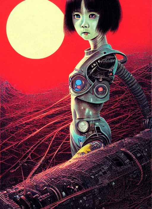 Image similar to japanese sci fi horror girl with big eyes, character portrait, portrait, close up, concept art, intricate details, highly detailed, vintage sci - fi poster, in the style of chris foss, rodger dean, moebius, michael whelan, and gustave dore