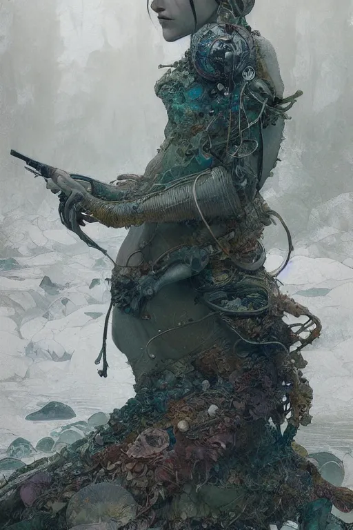 Image similar to a full body portrait of a beautiful post apocalyptic offworld neoicelandic biofarmer swimming by the waterfalls, intricate, elegant, highly detailed, digital painting, artstation, concept art, smooth, sharp focus, illustration, art by krenz cushart and artem demura and alphonse mucha