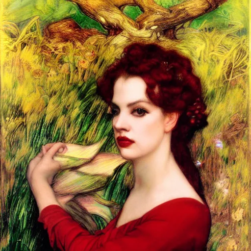 Prompt: portrait of a hybrid of judy garland and lady gaga, holman hunt, john william waterhouse, kilian eng, rosetti, john everett millais, william holman hunt, 4 k