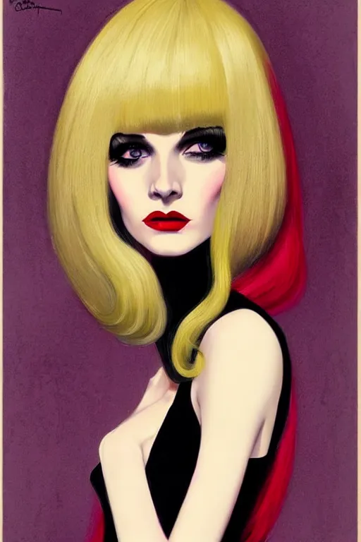 Image similar to portrait 1 9 6 0 s elegant blonde beautiful mod girl, long straight 6 0 s hair with bangs, wearing velvet, vampire, glam, groovy, by brom, tom bagshaw, sargent