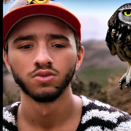 Image similar to 8 k cinematic, wow stinking portrait of a young dude 2 3 years old, with owl