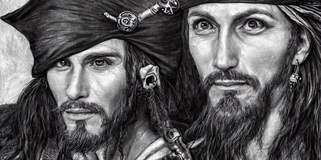 Image similar to realistic portrait of a handsome pirate, 1450, ink, ultra realistic, 8k