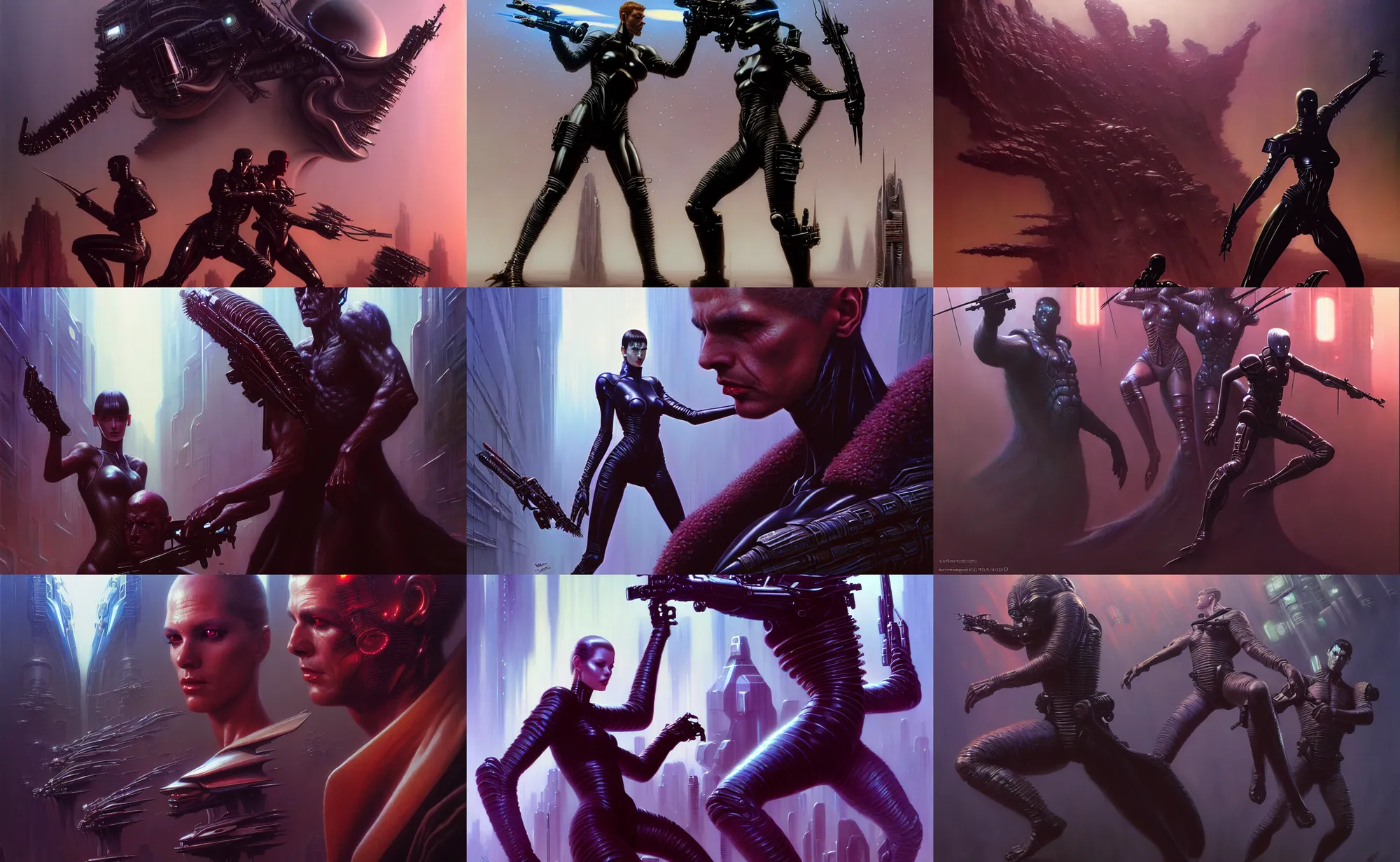 Prompt: beautiful sci - fi people fighting, fantasy art portrait, ultra realistic, cinematic, blade runner tech, wide angle, highly detailed by wayne barlowe, hajime sorayama, boris vallejo, raf grassetti, neville page, aaron horkey, craig mullins, roberto ferri, artstation