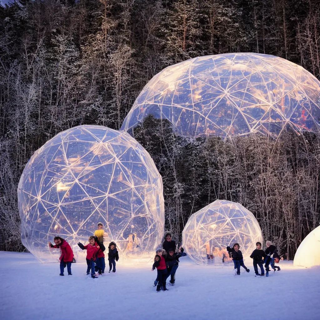 Prompt: A night photo of a family playing in the snow in front of a large glowing inflatable geodesic house made of clear plastic sheeting. The bubble house glows from within with warm light. The inflated bubble house is at the edge of a snowy winter forest by a frozen lake. The bubbles are full of colorful people and furniture. The lake ice is cracking. Coronarender, 8k, photorealistic