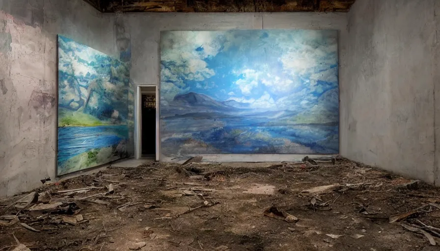 Prompt: photos of landscapes, in a decrepit art gallery, painted on by robots! dramatic lighting