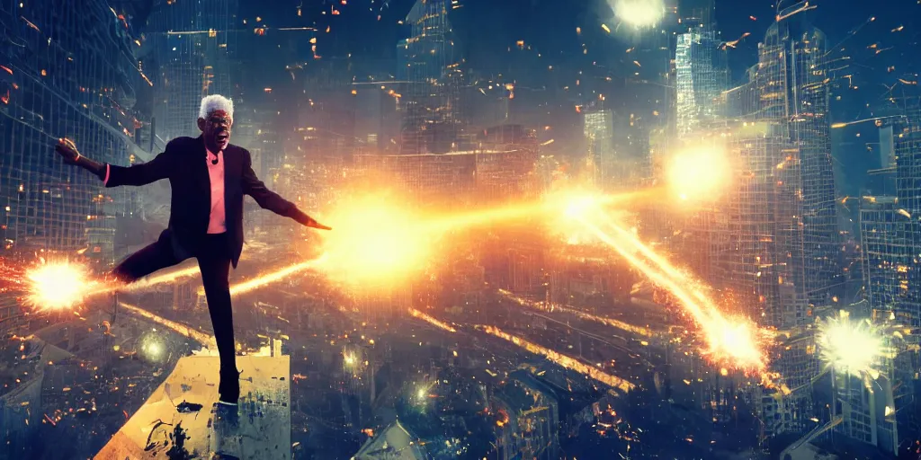 Prompt: gigantic morgan freeman doing a bridge handstand on the ground while destroying a city throwing lasers from his eyes, night, realism, 4 k, octane render, award winning photograph, cinematic shot