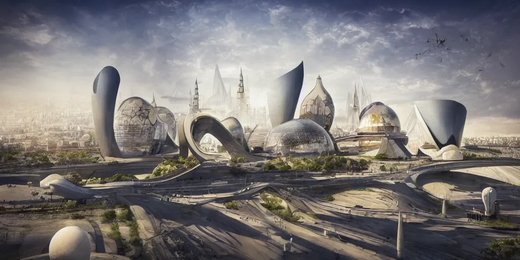 Image similar to Zaha Hadid city with dome and mosque and arch in baghdad in a Fantasy world and photo inspired by Where weird things happen by Daniele Gay on art station , le corbusier model on the ground inspired by Mining by Risa lin on art station