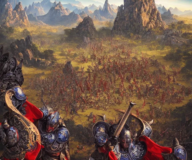 Prompt: wide angle shot from above of silver ornate armor slim muay thai handsome warriors in battle!!! mountains and giant gothic abbeys in the background, fine detail, 8 k, high contrast color scheme, blue at the background red at the foreground!!!, dynamic perspective, painted movie poster by greg rutkowski and peter mohrbacher