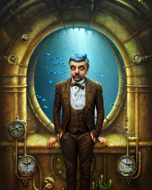 Image similar to underwater steampunk portrait of rowan sebastian atkinson, by tomasz alen kopera and peter mohrbacher