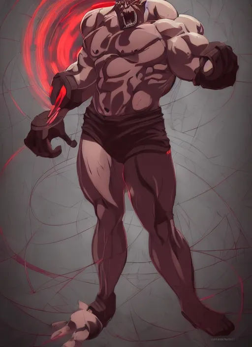 Prompt: Homunculus Wrath from Fullmetal Alchemist Brotherhood with a serious Look starting straight into the camera, muscular, in the Style of Artgerm and Charlie Bowater and Atey Ghailan and Mike Mignola, vibrant colors and hard shadows and strong rim light, Comic Cover Art, plain background, trending on artstation