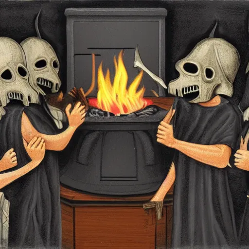Image similar to cultists in black robes surround a stove, realistic, gothic, black masks