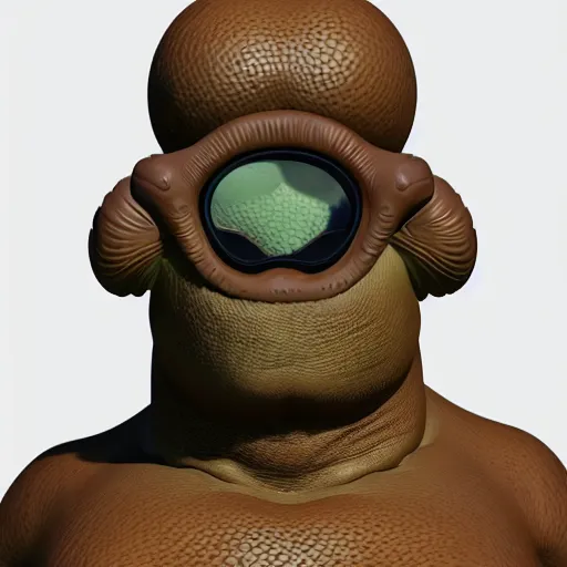 Image similar to character design portrait, of a brown scaly moist fat alien creature scientist with goggles, artstation, concept art, 3 d render,