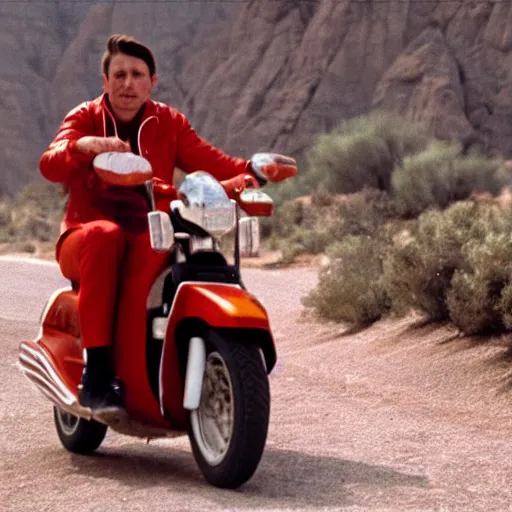 Image similar to a man in a red bomber jacket riding a moped through the desert, film still by Wes Anderson