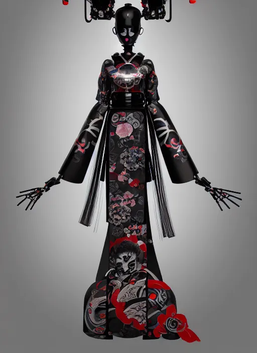 Image similar to full body portrait of a gothic japanese robot geisha with kanji tattoos and decals wearing a digital pixelated kimono, intricate design, photorealistic, octane render, raytraced, ultra fine detailed, character design, trending on artstation