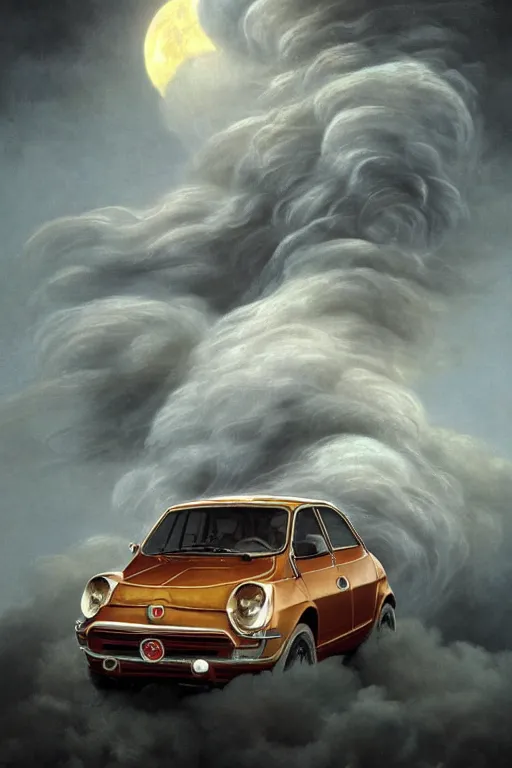 Image similar to Intricate stunning highly detailed FIAT 600 White from the 60s by agostino arrivabene and Vladimir Kush, surreal, digital painting, ultra realistic, Horror vacui, dramatic lighting, full moon, thick black swirling smoke tornado, burning fire embers, artstation