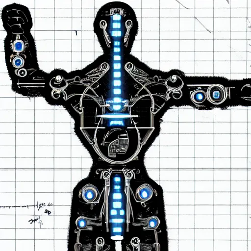 Prompt: T-posing image of a cybernetically augmented human male, monochrome, medium: pencil, technical drawing, blueprints, detailed