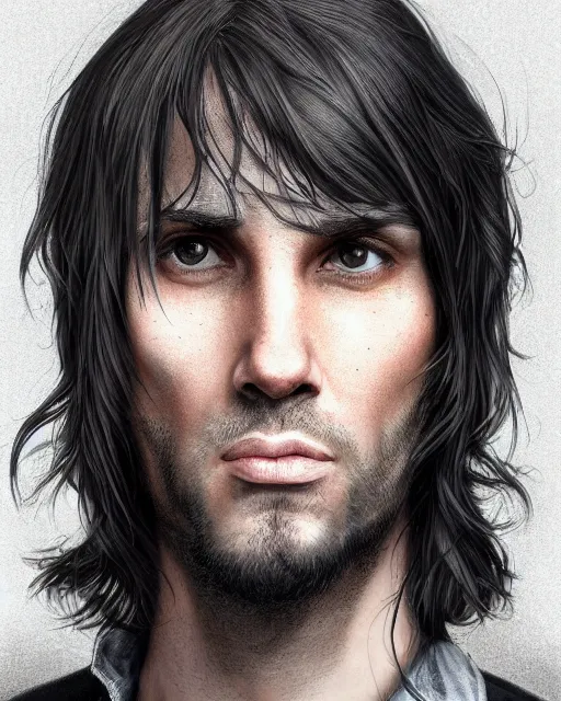 Image similar to portrait of tall, 3 3 - year - old handsome man with long dirty black hair, and ice grey eyes, wearing black clothes, no beard, hyper realistic face, beautiful grey eyes, character art, art by mark brooks, hyperdetailed, cryengine, trending on artstation, digital art