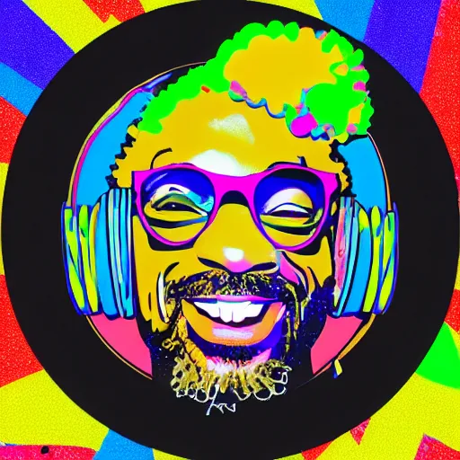 Image similar to svg sticker of a Dancing-Ben-Harper-Snoop-Spike-Lee-with-a-large-Afro-Puff, at a rave, spinning records, giant headphones rocking out, wearing headphones, huge speakers, dancing, rave, DJ, spinning records, digital art, amazing composition, rule-of-thirds, award-winning, trending on artstation, featured on deviantart