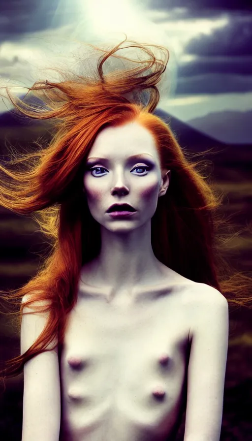 Image similar to photo of a gorgeous young caucasian redhead girl , full body, high fashion model, searching for eternity, skulls around, cloud goddess, duality, far away dreamy atmosphere, rays of light, deep shadows, demons in the style of stefan kostic, hyper realistic, sharp focus, 8k high definition, high fashion, vogue, insanely detailed, intricate, elegant, art by stanley lau and artgerm, brom