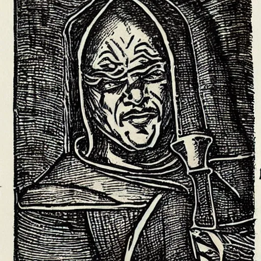 Image similar to medieval character stamp in medieval style by frank godwin and moebius, ink outline, charcoal on paper, exlibris, rubber stamp