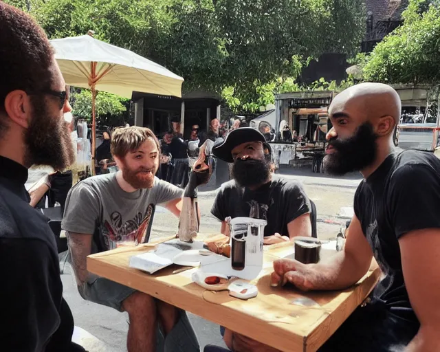 Prompt: Robert Pattinson meeting MC Ride and Zach Hill from Death Grips in a exterior cafe in france, paparazzi photo, wide angle, shot from far away