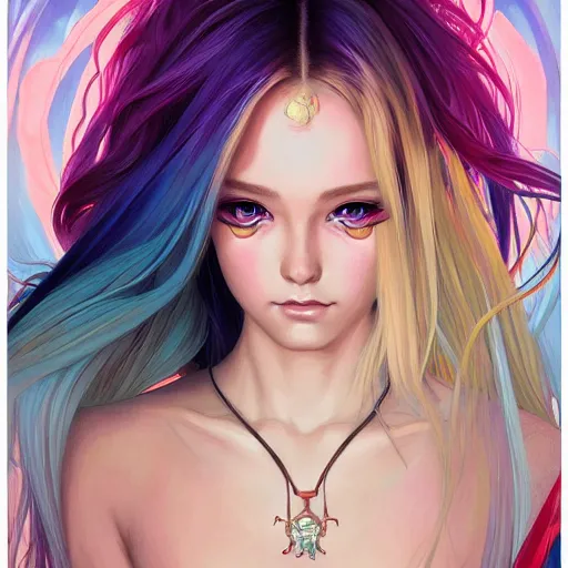 Image similar to portrait of beautiful symmetrical anime girl, rainbow hair, attractive, casual, modern, victoria's secret, highly detailed, digital painting, artstation, concept art, smooth, sharp focus, illustration, art by artgerm, greg rutkowski and alphonse mucha, 8 k,