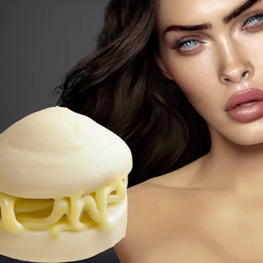 Image similar to mayonnaise in the shape of a human face, human face made out of mayonnaise, megan fox made out of mayonnaise!!!!!, professional food photography, unreal engine