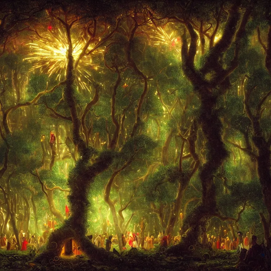 Prompt: closeup of a night carnival inside a tree cavity in a magical forest in the middle of a summer storm, with a music scenario with many fireworks and christmas lights, volumetric lightning, instense god rays in the sky, folklore people disguised with fantastic creatures in a magical forest by summer night, masterpiece painted by edmund leighton, scene by dark night environment, refraction lights,