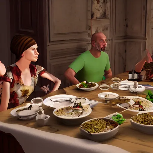 Prompt: traditional balkan family sitting at the dinner table and enjoying insect-based food, 8k render, unreal engine