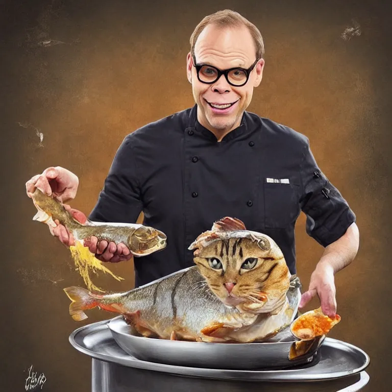 Image similar to “celebrity chef Alton Brown as a cat cooking a whole fish, digital art, 8k, trending on artstation”