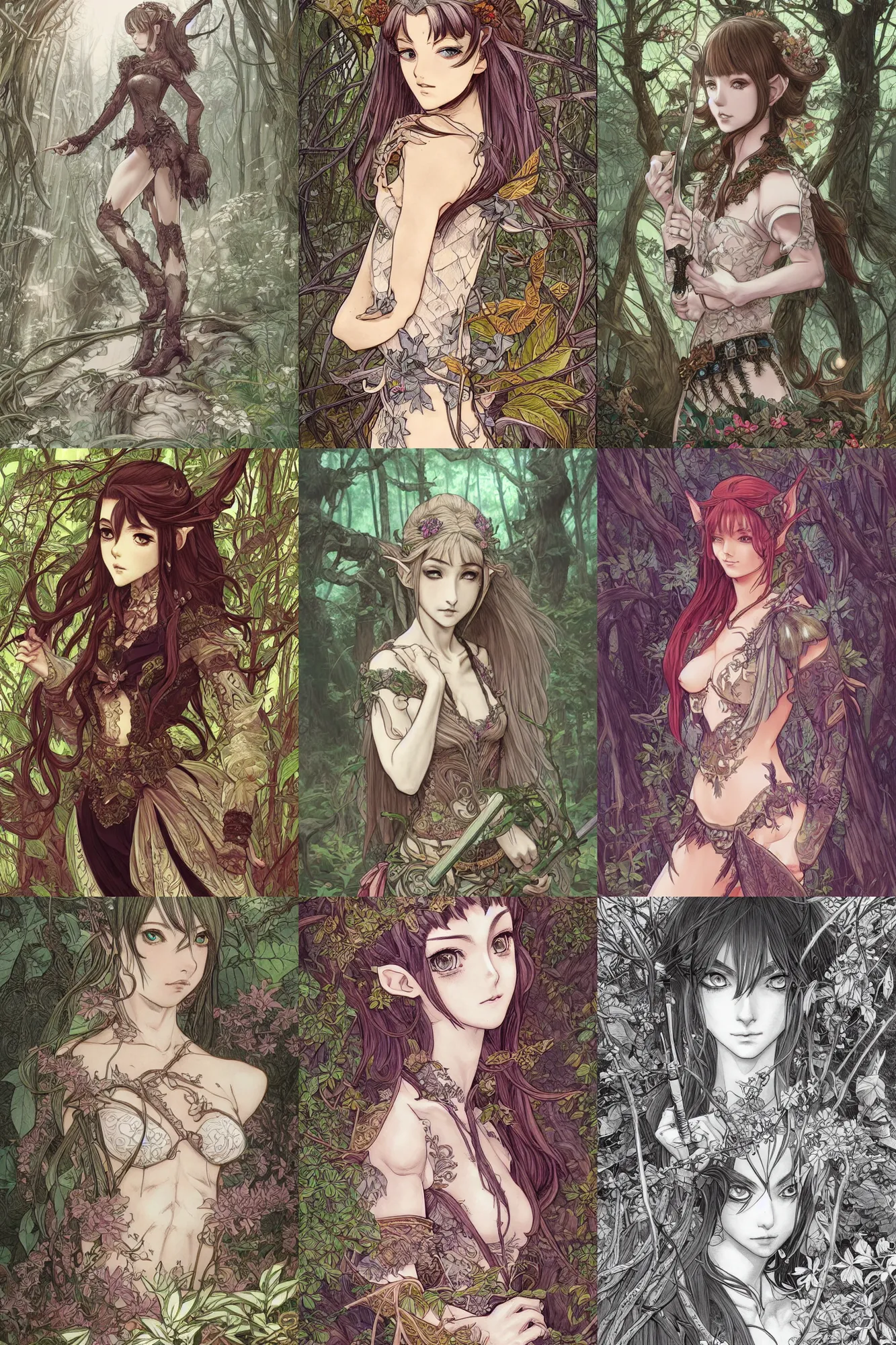 Prompt: alluring highly-detailed pen and ink manga of an attractive young elf in a forest, clothed in a chesty fantasy outfit, intricate, elegant, highly detailed, colorful, digital painting, trending on Artstation, concept art, smooth, sharp focus, illustration, in the style of artgerm and greg rutkowski and alphonse mucha